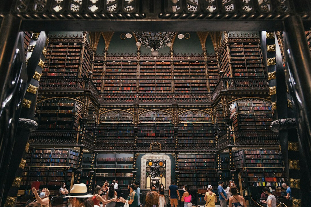 Old library with tall bookshelves